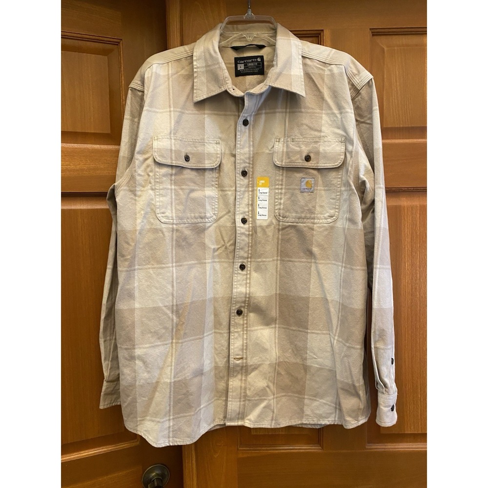 NEW Carhartt Men's Large Loose Fit Flannel Shirt Brown Workwear Heavy Cotton